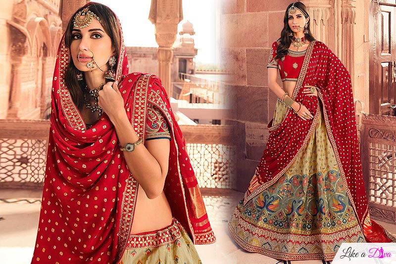 Cream & Red Kanjivaram Silk Lehenga