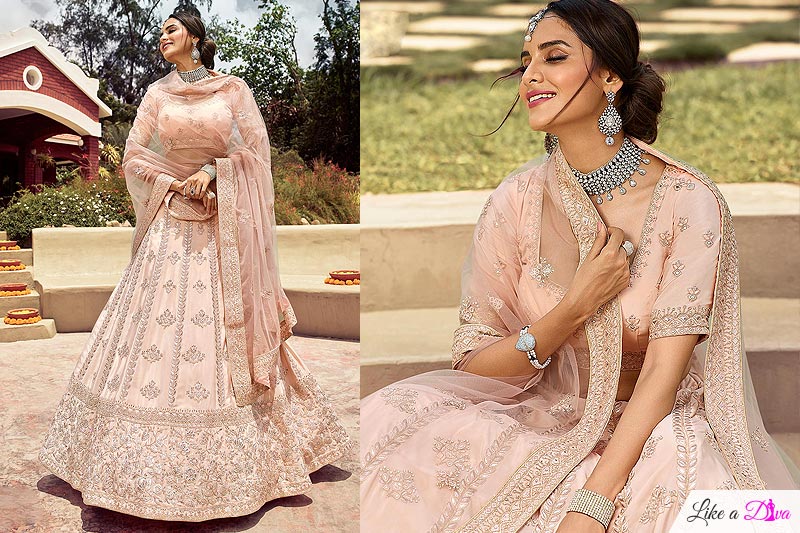 Beige Pink Crepe Silk Embellished Lehenga