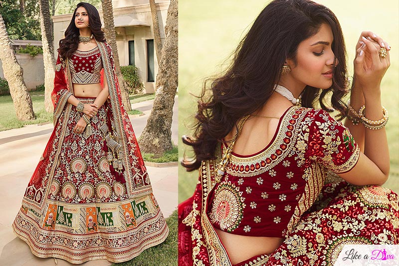 Deep Red Velvet Embroidered Lehenga