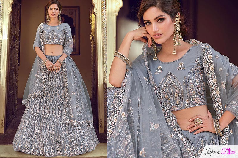 Grey Blue Net Embellished Lehenga