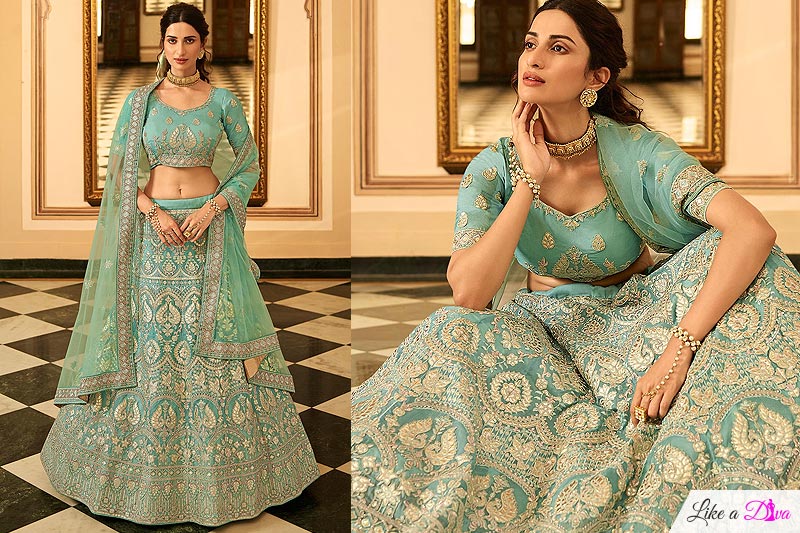 Turquoise Blue Organza Silk Embellished Lehenga