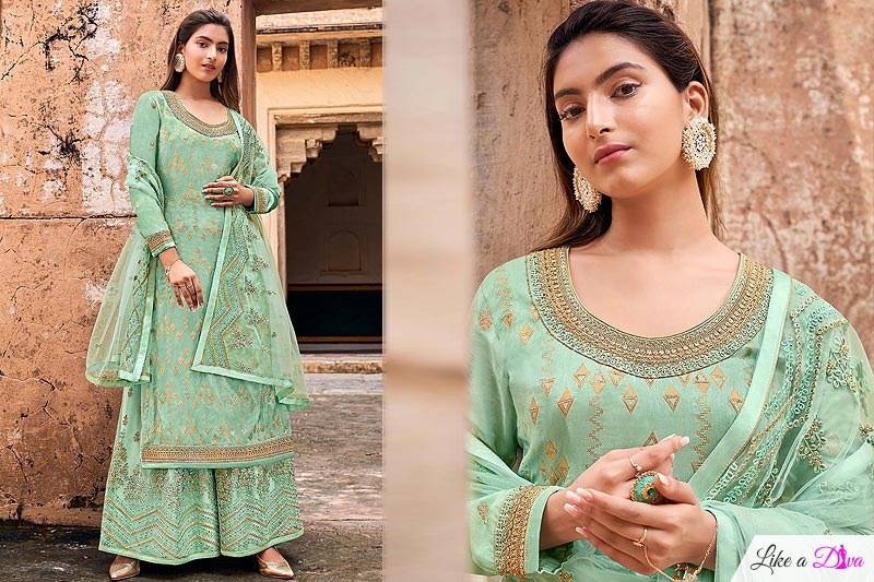 Aqua Green Silk Jacquard Kurta & Palazzo
