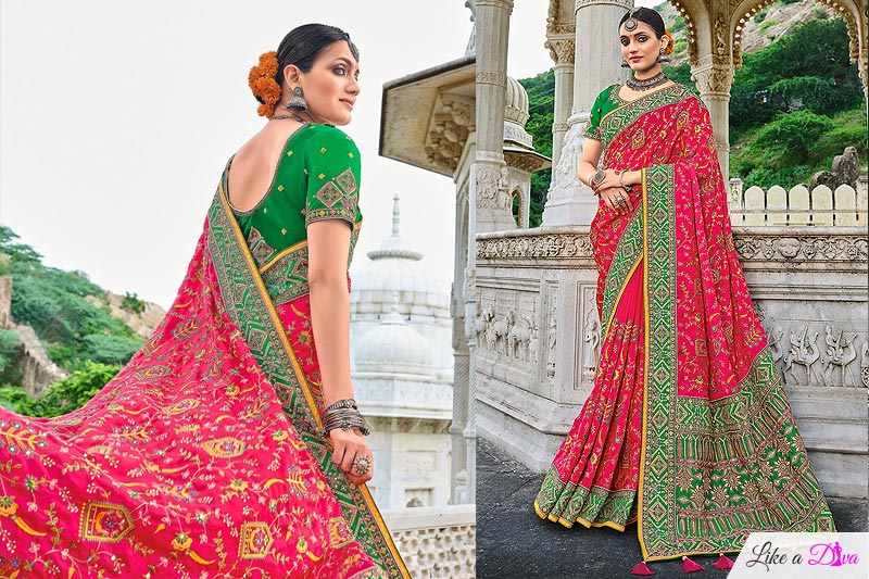 Ruby Pink Satin Kutchi Work Saree