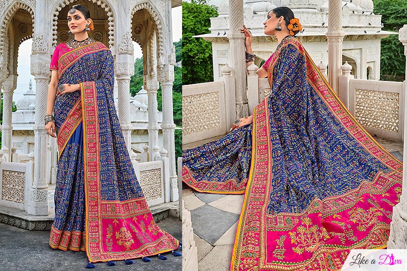 Navy Blue Banarasi Silk Kutchi Work Saree