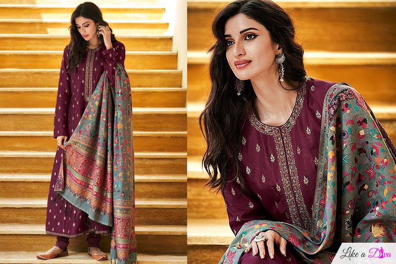 Ready To Wear Plum Viscose Silk Weaved A-line Kurta With Kashmiri Kani Dupatta