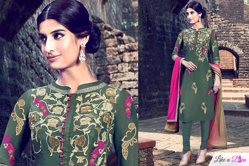 Seaweed Green Salwar Suit with Sequins Embroidery in Cotton With Shaded Dupatta