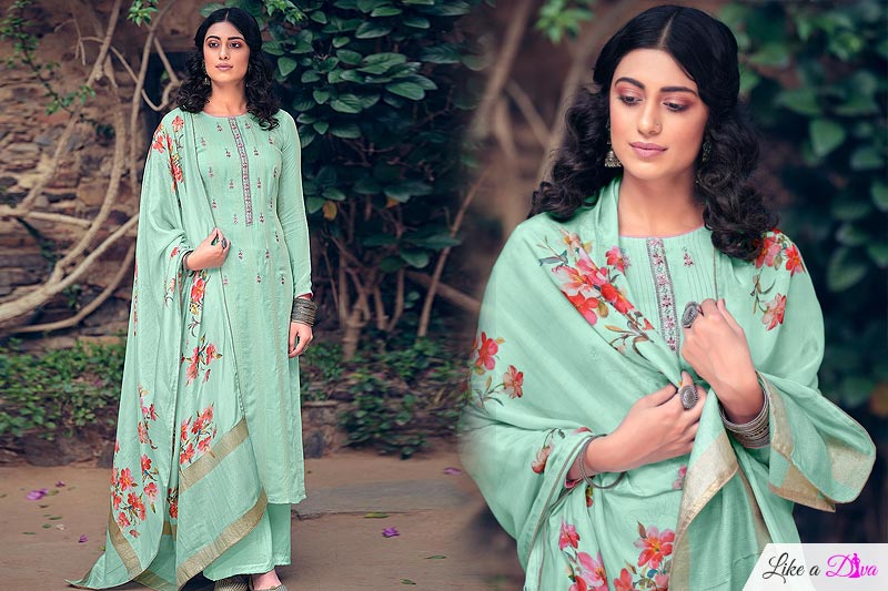 Pastel Blue Pure Muslin Zari Lining Palazzo Suit with Handwork
