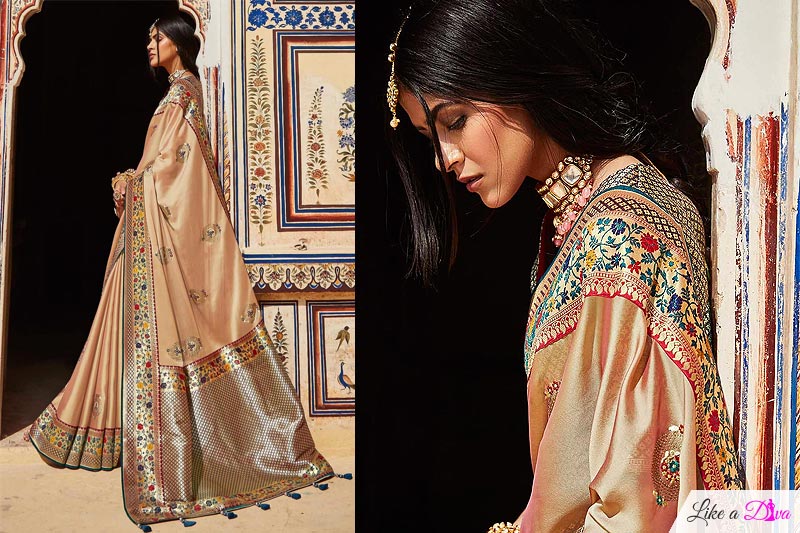 Light Beige Silk Embroidered Saree