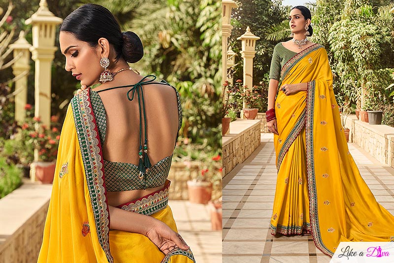 Mustard Yellow Silk Border Saree With Brocade Blouse