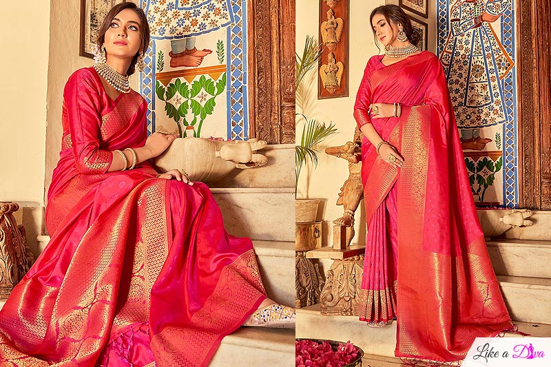 Red-Pink Handloom Weaved Banarasi Silk Saree