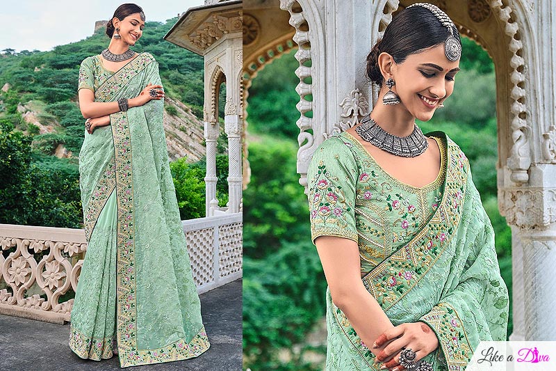 Pastel Green Organza Silk Kutchi Work Saree
