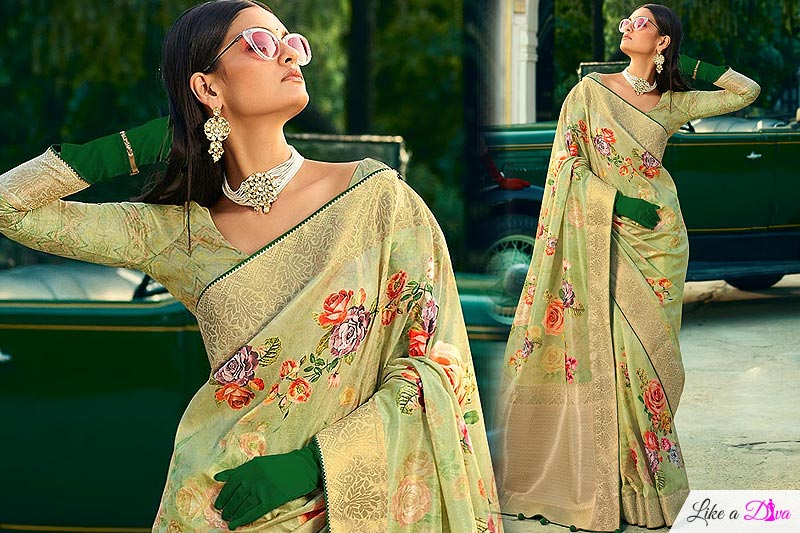 Pista Green Silk Floral Saree