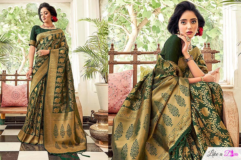 Dark Green Zari Weaved Soft Handloom Silk Saree