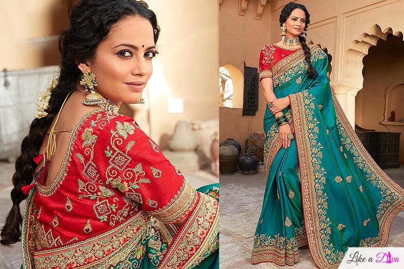 Teal Blue Silk Based Embellished Saree