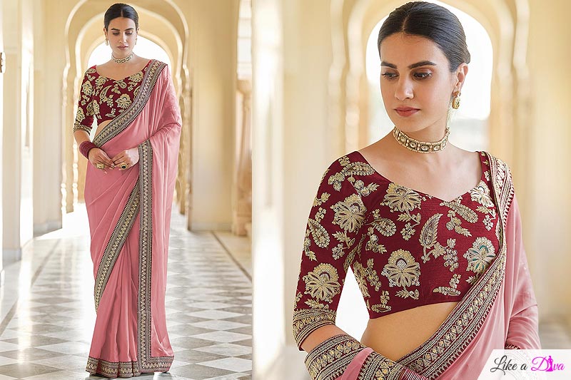 Peachish Pink Embellished Organza Silk Saree