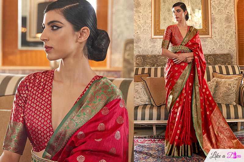 Red Tussar Silk Weaved Saree