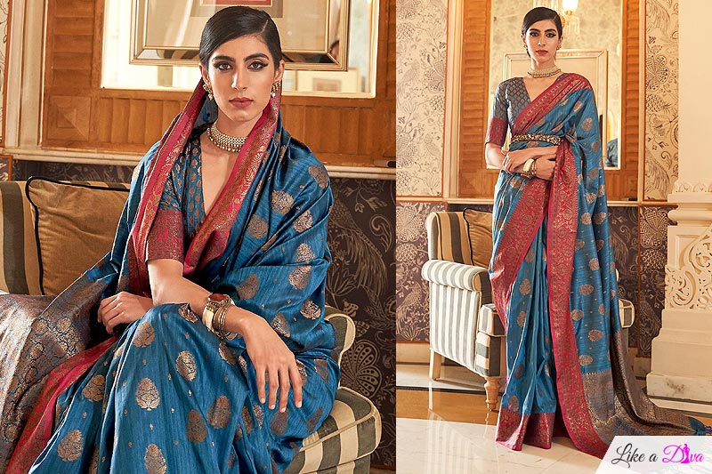 Blue Tussar Silk Weaved Saree