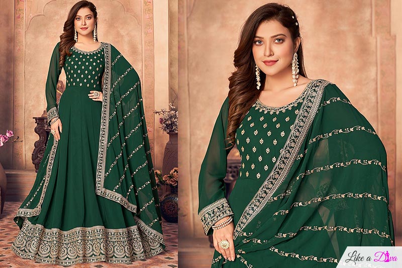 Dark Green Georgette Embroidered Anarkali With Dupatta
