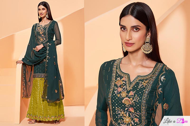 Dark Green Georgette Embellished Sharara Suit