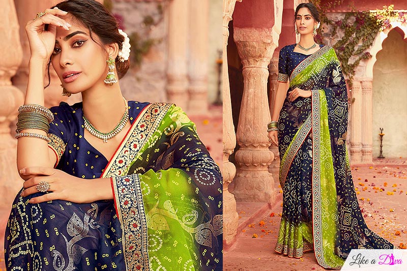 Navy Blue Bandhani Print Chiffon Saree