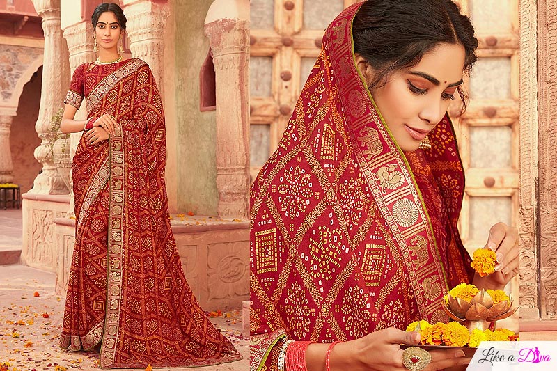 Deep Red Bandhani Print Chiffon Saree