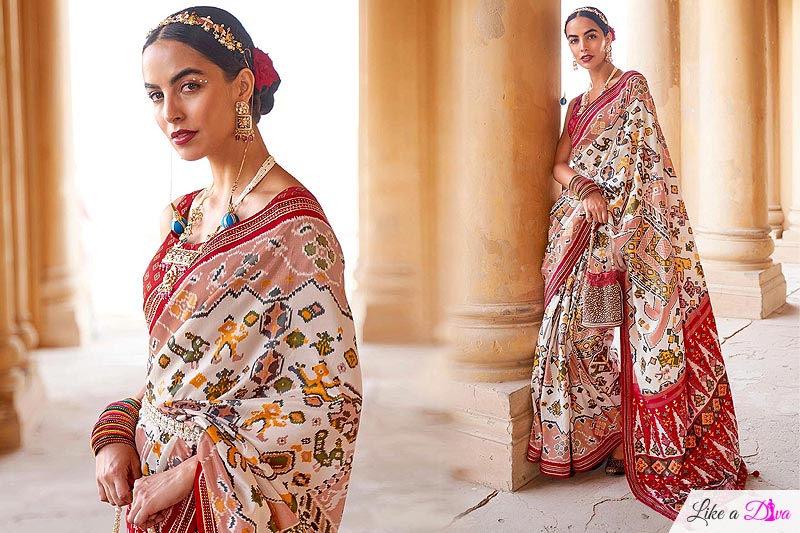 White Patola Print Silk Saree