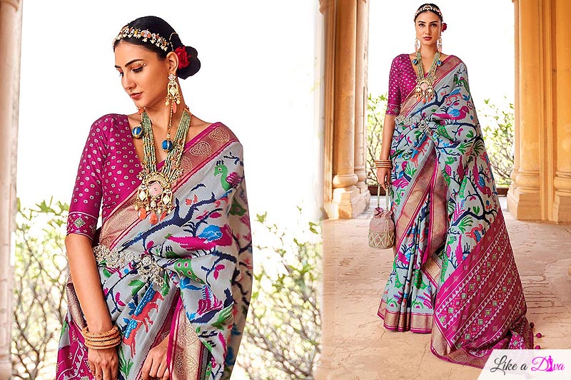 Steel Blue Patola Print Silk Saree