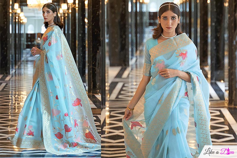 Pastel Blue Linen Floral Saree