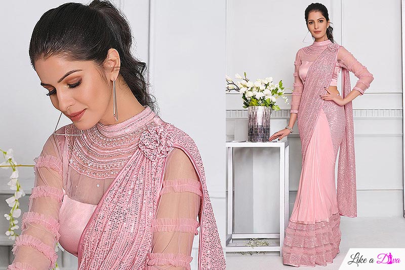 Quick Wear Light Pink Lycra Designer Saree