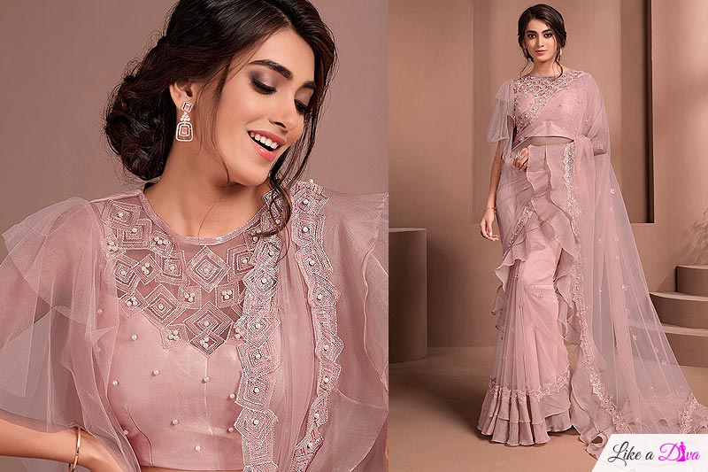 Soft Pink Designer Embellished Net Saree