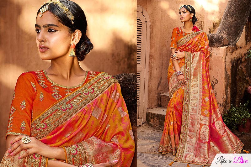 Orange Banarasi Silk With Zari Weaving