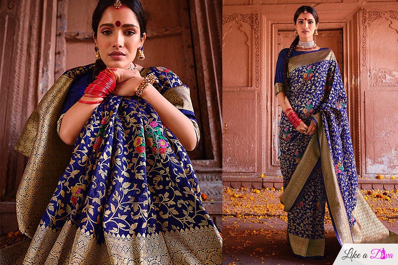 Navy Blue Silk Saree With Meenakari Work