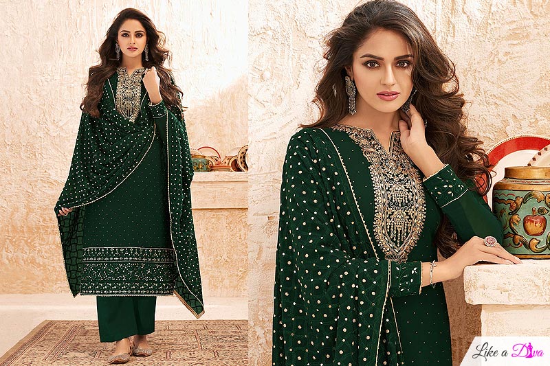 Dark Green Georgette Embellished Kurta With Palazzo