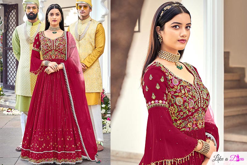 Wine Red Embroidered Georgette Anarkali Dress