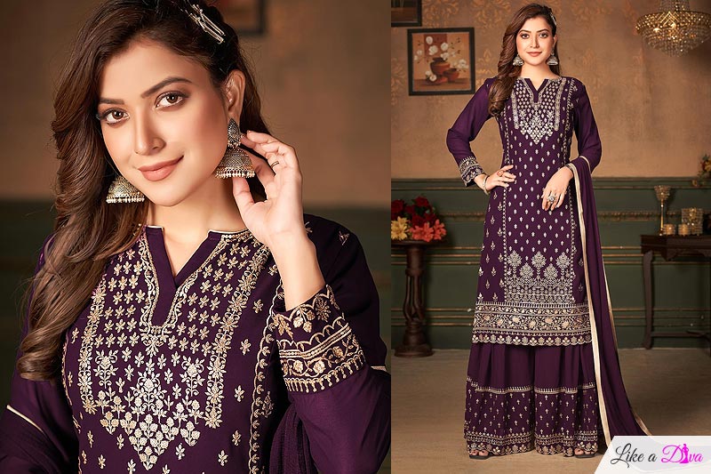 Plum Georgette Embroidered Sharara Suit