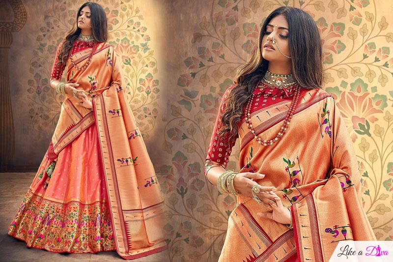 Buy Red & Coral Weaved Silk Lehenga