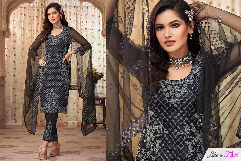 Buy Black Net Embroidered Suit