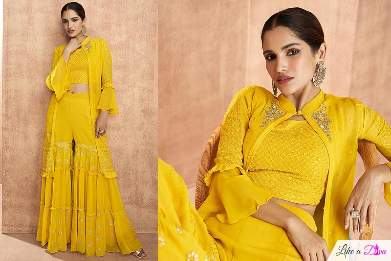 Yellow Georgette Embellished 3 Piece Attire