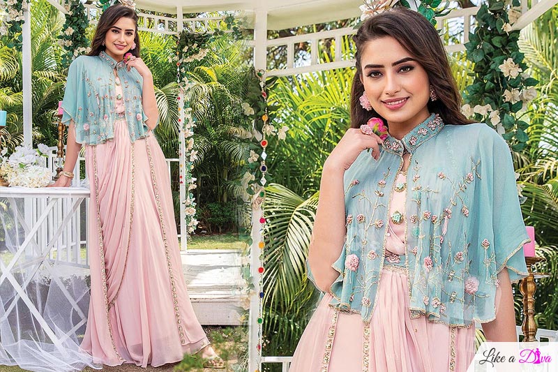 Pre-draped Fusion Saree Set With Cape In Georgette