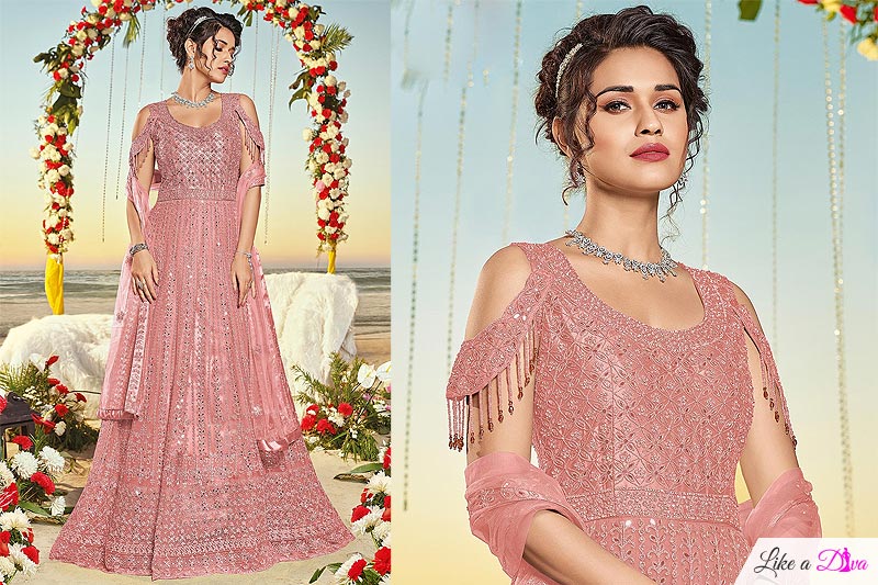 Peach Pink Net Embroidered Anarkali Suit