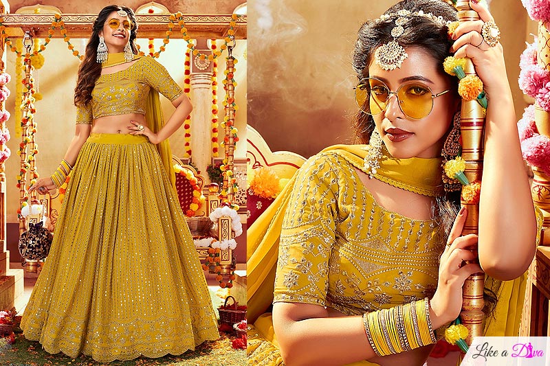 Mustard Georgette Designer Embellished Lehenga Set