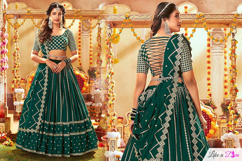 Bottle Green Georgette Designer Embellished Lehenga Set