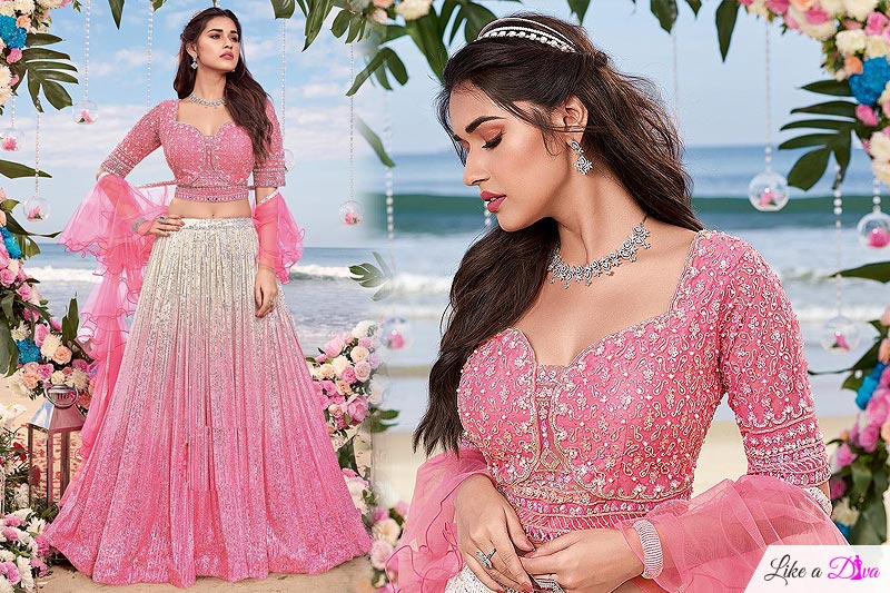 Pink & Off White Georgette Ombre Effect Sequined Lehenga Set