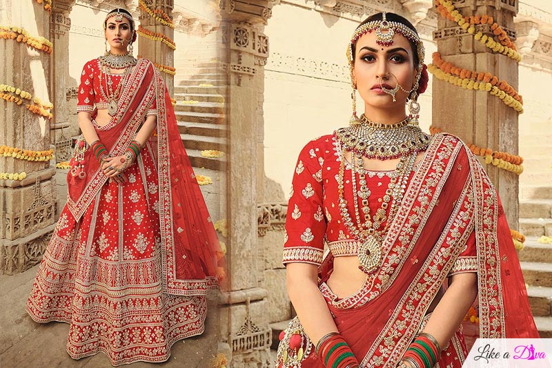 Red Silk Embroidered Bridal Lehenga Choli Set