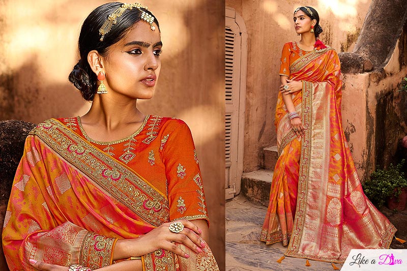 Orange Banarasi Silk With Zari Weaving