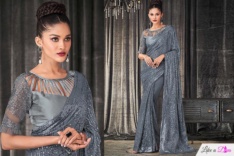 Grey Georgette Embellished Saree