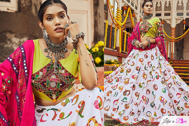 white-lime-green-embellished-cotton-lehenga-set-for-navratri