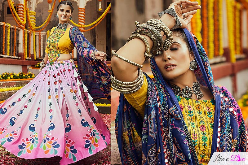 yellow-pink-embellished-cotton-lehenga-set-for-navratri