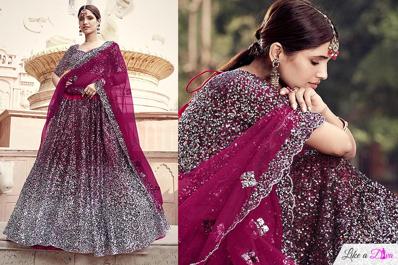 Wine Party Wear Lehenga Choli With Embellished Sequins
