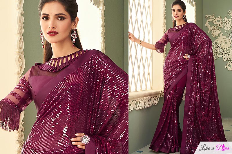 Wine Sequin Embellished Georgette Saree